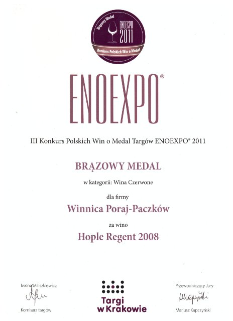 Brązowy medal dla wina Hople Regent 2008